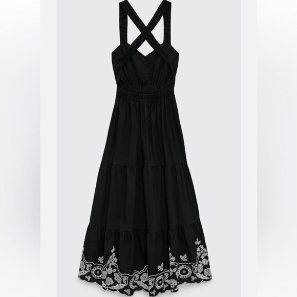 Zara Dresses & Skirts - Zara black poplin embroidered midi dress with elastic cross back straps